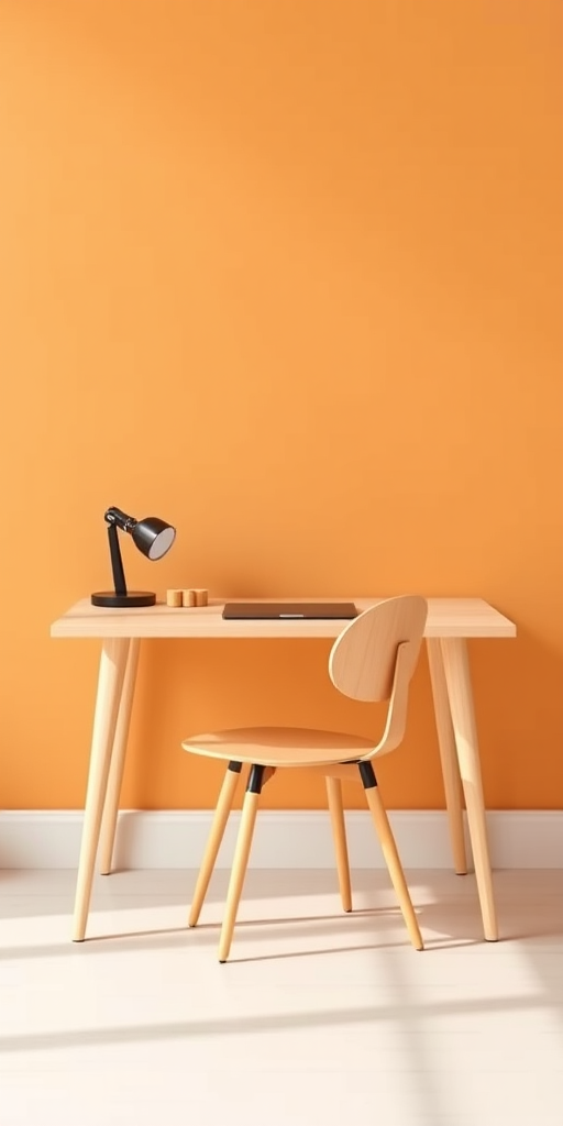 Create an image of a simple desk and chair setup with a warm color palette, using a DSLR camera with a 50mm lens, aperture f/2.8, ISO 100, natural lighting, and a frontal view for clarity and detail.