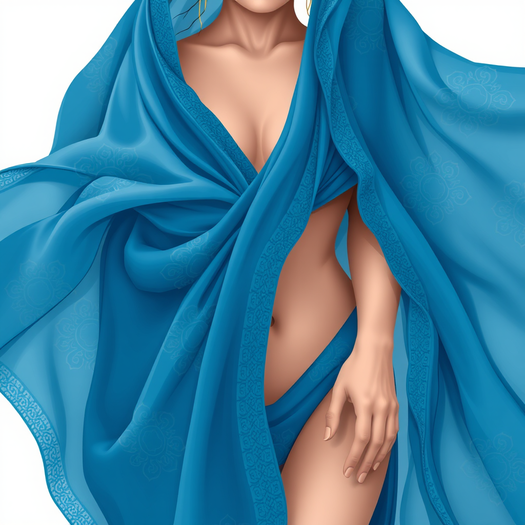 Create a high-resolution illustration of a woman in flowing blue garments with intricate patterns, using a Canon EOS R5 camera with a 50mm f/1.8 lens, aperture set to f/2.8, and a soft-focus background to enhance the details and colors of the fabric.