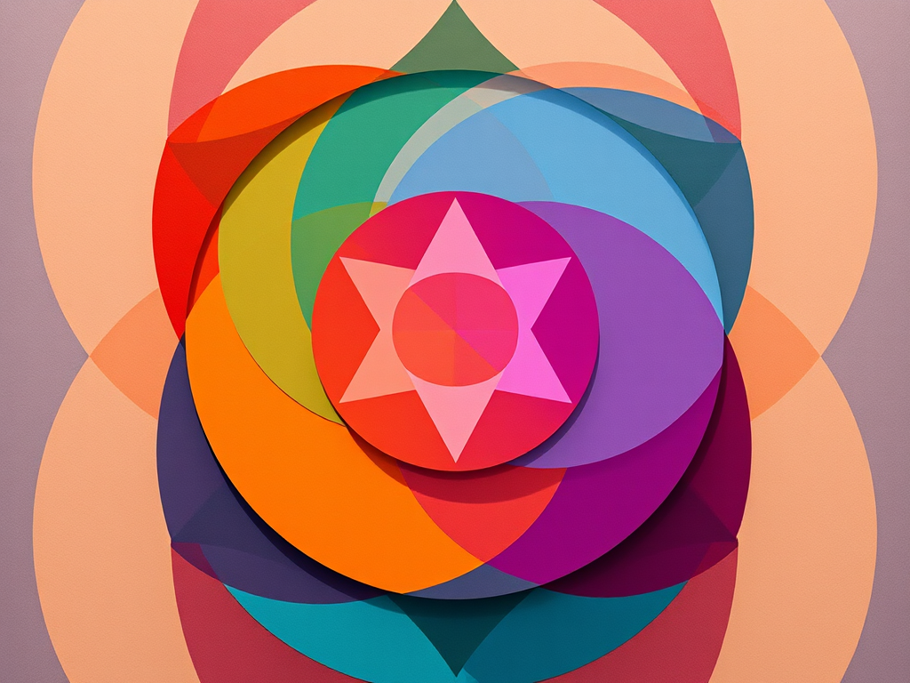 Create a high-resolution digital illustration of an abstract geometric design featuring overlapping circles and triangles with a vibrant color palette, captured using a DSLR camera at f/8 aperture, ISO 100, 50mm lens, natural lighting, top-down view.