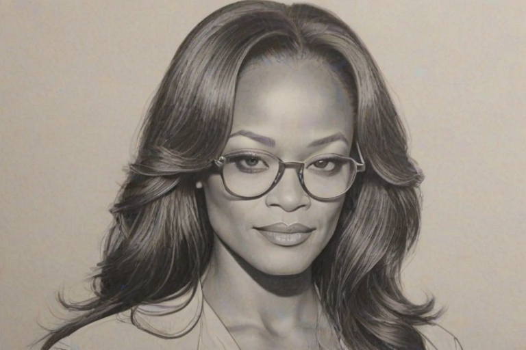 Magnificent Robin Givens, pencil sketch, portrait of Superb woman 1971s in glasses, hair style beatnik, outline, clear lines, fine lines, 8k