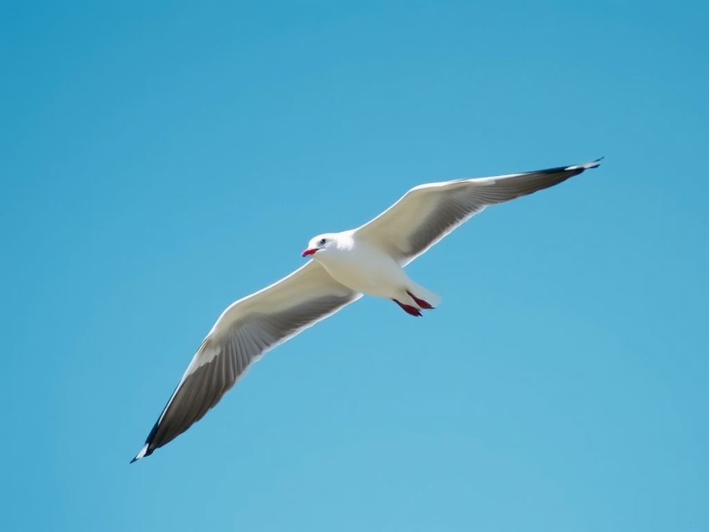 a seagull in flight against a clear blue sky, captured with a Canon EOS 90D, 300mm lens, aperture f/5.6, shutter speed 1/1000s, ISO 400, focused on bird in mid-air with a wide-angle view