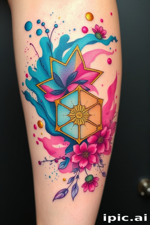 Vibrant watercolor splash tattoo "Chromatic Cascade" featuring swirling hues of teal, magenta, and gold, blending seamlessly into intricate geometric patterns and delicate floral elements