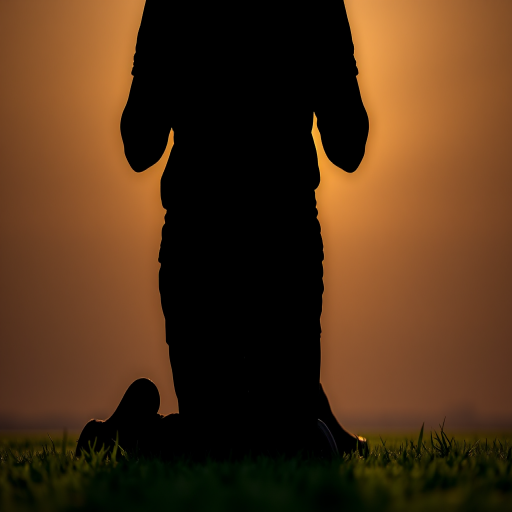 Create a silhouette of a person kneeling on green grass with hands raised, in high resolution, using a DSLR camera, 50mm lens, f/2.8 aperture, ISO 100, and a shallow depth of field for a soft background blur.