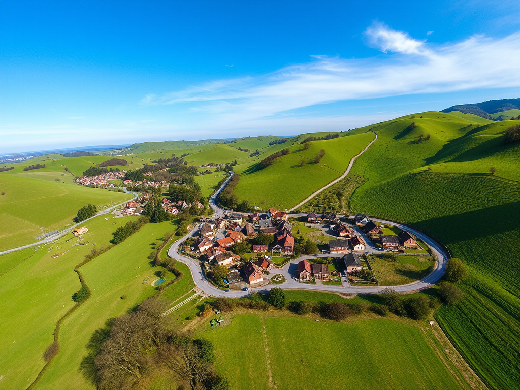 A vibrant aerial view of a quaint village nestled in rolling green hills, with picturesque houses and winding roads under a clear blue sky, captured with a DSLR camera at f/8, ISO 100, 1/250 sec, wide-angle lens.