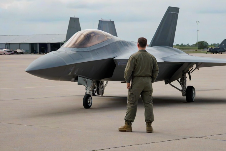 This photograph captures a military F-22 fighter jet on a tarmac, with a personnel in the background. The F-22, painted in a dark gray color, dominates the scene, showcasing its sleek, angular design and advanced stealth capabilities. The cockpit canopy is transparent, allowing a glimpse of the pilot inside, who is dressed in a dark green flight suit. In the foreground, a military personnel, dressed in a light brown and beige camouflage uniform, stands with their back to the camera, hands clasped behind their back. This individual appears to be in a relaxed stance, possibly waiting or observing the aircraft. To the left of the image, a gray maintenance truck is parked, with various equipment and tools scattered around it. The background features a large, industrial-style hangar with a gray and white color scheme, featuring several large doors and windows. The overall atmosphere is one of a military airbase or maintenance facility, with a focus on the F-22 and the personnel involved in its operation.