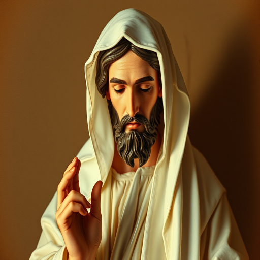Regenerate an image of a religious figure with soft, ethereal lighting, using a DSLR camera set to f/2.8, ISO 100, 50mm lens, shot from a slightly low angle for a dramatic effect, in a vintage style with a textured paper background.