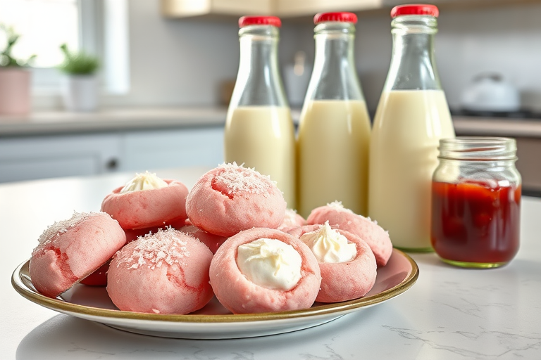 A plate of pink coconut cream-filled cookies surrounded by glass bottles of milk and a jar of jam in a bright kitchen setting.