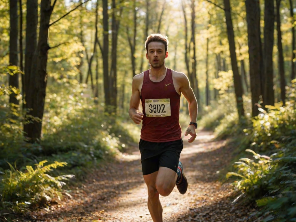 Blurry action shot of a runner sprinting through a forest trail, leaves kicking up behind them, sunlight filtering through the trees, intense focus on their face, shadows stretching across the path, the sound of rustling leaves and distant birds chirping.