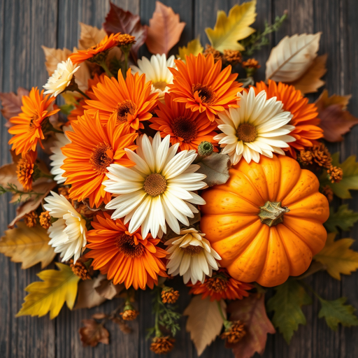 Create a vibrant autumn floral arrangement featuring orange and white flowers, a pumpkin, and assorted leaves, captured with a 50mm lens, f/1.8 aperture, ISO 100, top-down view, using a DSLR camera for enhanced detail and color richness.