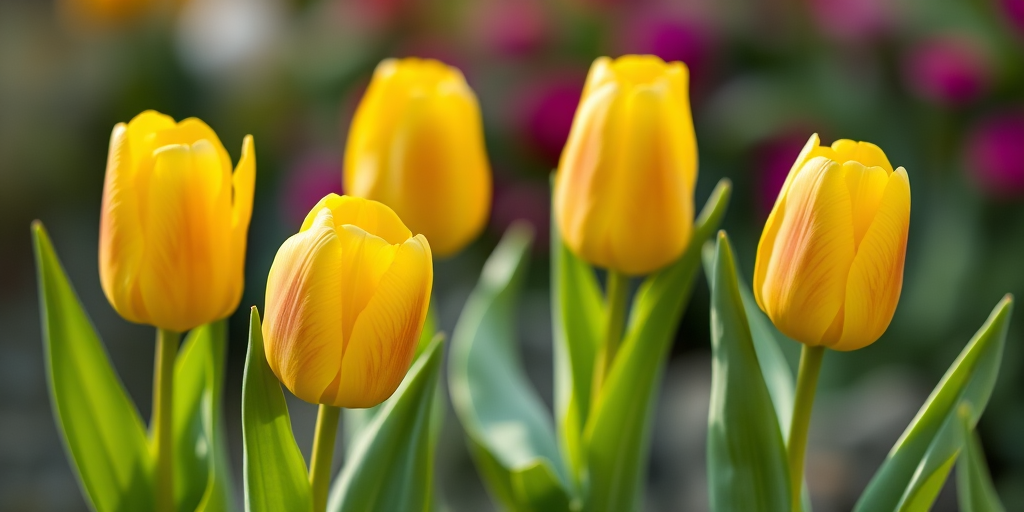 Generate a vibrant illustration of five yellow tulips in full bloom, with lush green leaves, captured in a macro shot using a DSLR camera at f/2.8, ISO 100, with a shallow depth of field to enhance the details of the petals and leaves.