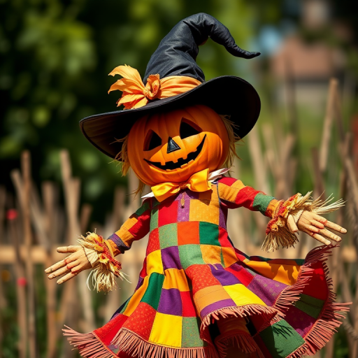 Create a vibrant digital illustration of a scarecrow with a pumpkin head wearing a witch's hat, dancing joyfully in a colorful patchwork dress, captured with a DSLR camera at f/2.8, 50mm focal length, in bright daylight, emphasizing vivid colors and sharp details.