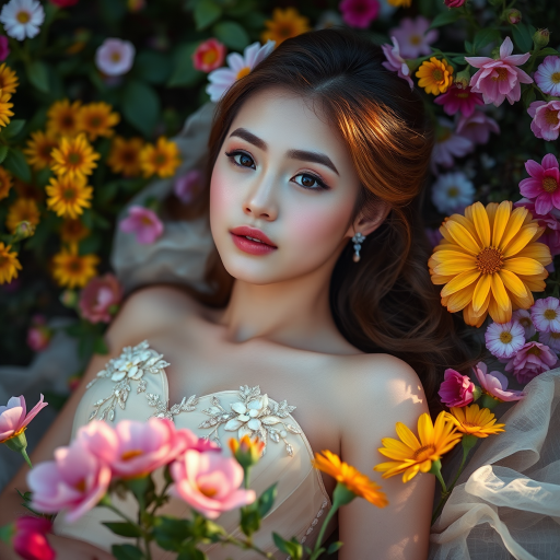 Capture a serene portrait of a young woman in a pastel-colored gown adorned with floral embellishments, lying among vibrant flowers, soft natural lighting, 50mm lens, f/1.8 aperture, shallow depth of field, DSLR camera, golden hour for warm tones.
