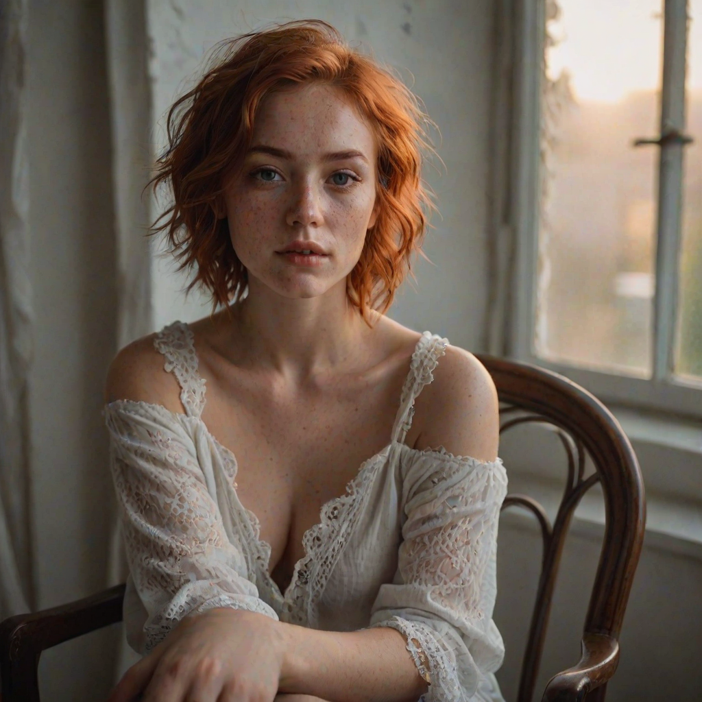 young woman, short messy red hair, light freckles, beautiful face, wearing a loose white cotton lace shirt ,  portrait photo,  posing for a picture in a chair with her hands in her lap, Ayshia Ta k n, parted lips, round cleavage, collarbone, bare shoulders, natural light, a portrait, art nouveau, sunset light through a window, darkly lit, shadows across face