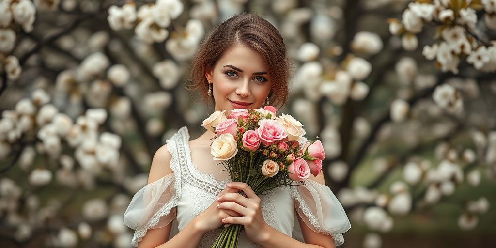 create a vintage-inspired portrait of a woman holding a bouquet of flowers while wearing an elegant dress with lace details, set against a backdrop of flowering trees, in soft pastel colors, with a shallow depth of field, using a Canon EOS R5, 50mm lens, aperture f/1.8, ISO 100, and natural lighting for enhanced image quality.