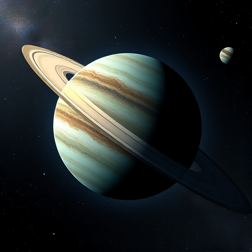 Create a digital artwork of a stylized planet with a large ring against a dark space background filled with floating celestial bodies, using a wide-angle lens, f/8 aperture, and a 24mm focal length, simulating a high-resolution DSLR camera quality.
