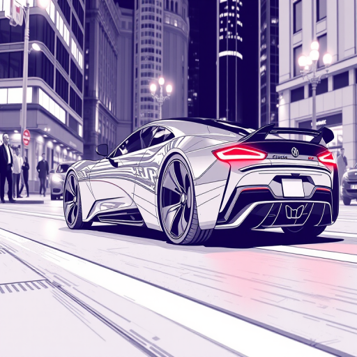 Create a detailed line art illustration featuring a sleek, futuristic car in motion on a city street at night, emphasizing reflections and lights, shot with a Canon EOS R5 at f/2.8, ISO 800, 24mm lens, using a low-angle view to showcase the car's design.