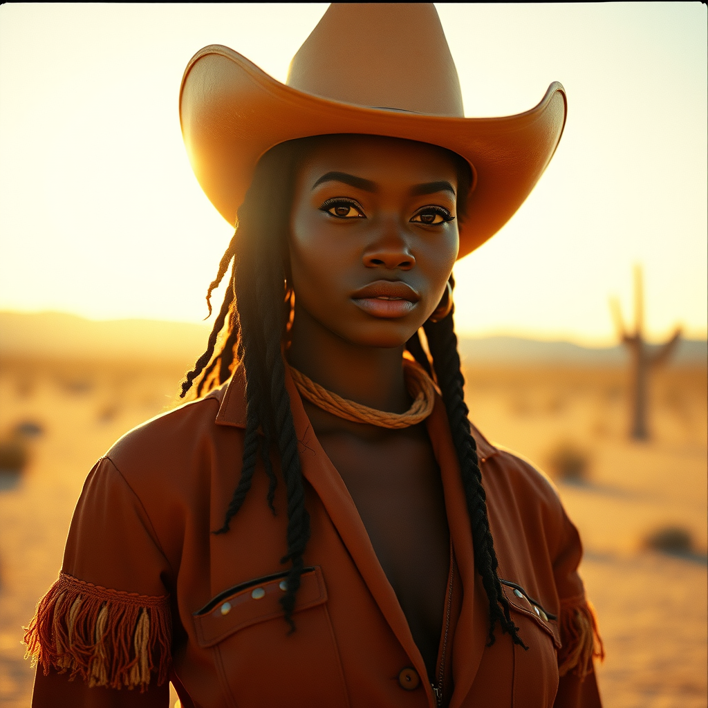Dramatic photo of a beautiful Afro-Caribbean woman, classic cowboy attire, confident and free spirit expression, half-length portrait, centered, golden hour desert landscape, warm, diffused light, low angle, medium format film camera, in style of Annie Leibovitz.