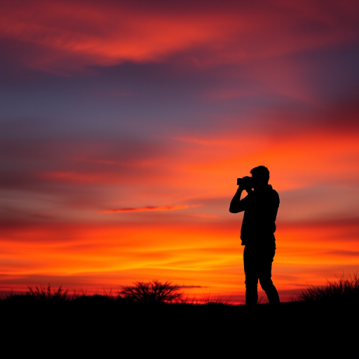 Create a high-contrast image of a silhouette against a sunset sky with a focus on vivid colors, using a DSLR camera with a 50mm f/1.8 lens, aperture set to f/2.8, ISO 200, and a shutter speed of 1/250s, capturing a wide-angle view for enhanced depth and detail.
