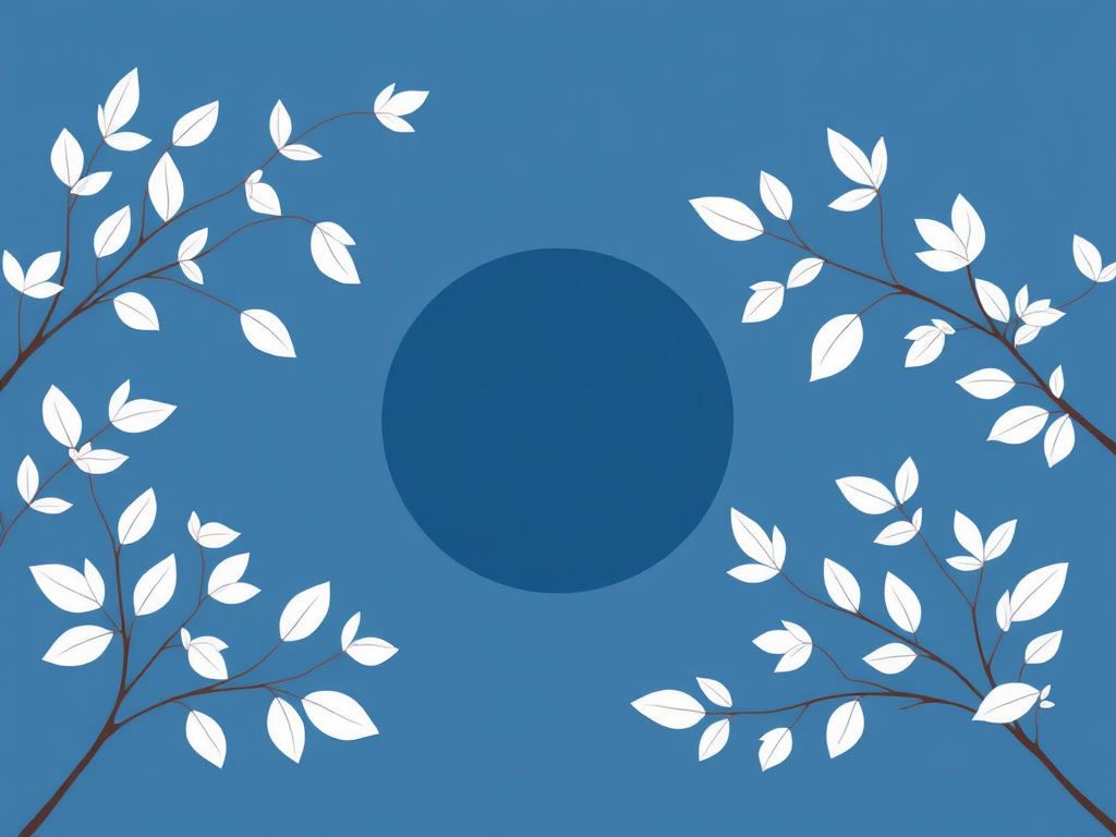 Create a minimalist illustration of white leaves and branches against a blue background, circular black form in the center, soft focus, using a DSLR camera with a 50mm lens, aperture f/2.8, ISO 100, and natural lighting to enhance clarity and detail.