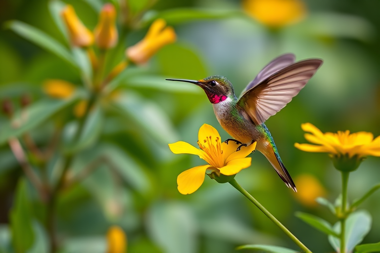 A vibrant hummingbird perched on a bright yellow flower with lush green foliage in the background, captured with a Canon EOS R5 camera, 85mm f/1.2 lens, aperture f/2.8, shutter speed 1/250 sec, ISO 100, shallow depth of field for a soft background blur, natural light photography.