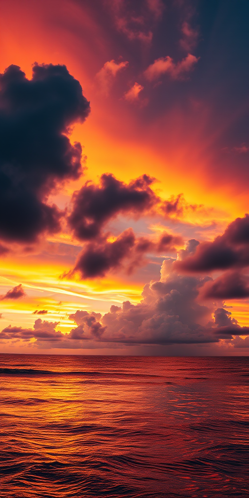 create a surreal landscape with dramatic clouds illuminated by a vibrant sunset reflecting on a calm ocean, long exposure, f/8 aperture, ISO 100, 24mm lens, soft focus, shot from a low angle to emphasize the horizon, using a DSLR camera