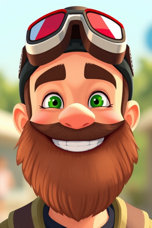 Create a high-resolution cartoon image of a smiling male character with a brown beard, wearing a black hat with red goggles, using a 50mm f/1.8 lens, shot from a frontal view, in bright natural lighting, with a digital camera.
