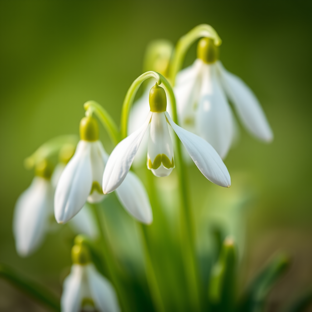 close-up of snowdrop flowers with a soft green background, aperture f/2.8 for shallow depth of field, ISO 100 for clarity, 50mm lens for detailed focus, natural light for soft shadows, DSLR camera, macro view
