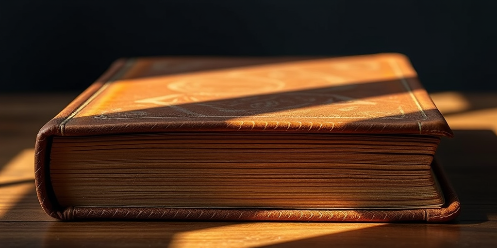 Create a high-resolution illustration of a closed vintage leather-bound book with visible texture and glossy finish, utilizing a 50mm lens, f/1.8 aperture, with soft natural light from the side, shot in a studio environment.