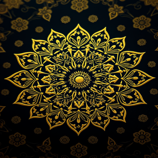 Create a highly detailed gold mandala design on a dark background with intricate floral patterns, captured using a DSLR camera, 50mm lens, f/1.8 aperture, ISO 100, and a macro perspective to enhance clarity and depth.
