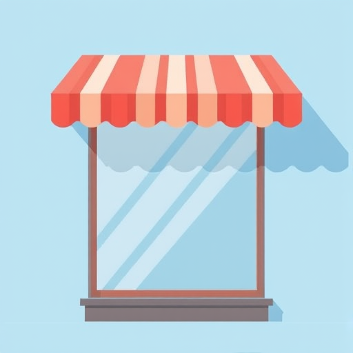 Create an illustration of a shop window with a striped awning, using a soft blue background, with a focus on minimalism and flat design, shot with a Canon EOS R5 at f/8, ISO 100, 50mm lens, using natural lighting and a slight top-down angle for a clean presentation.