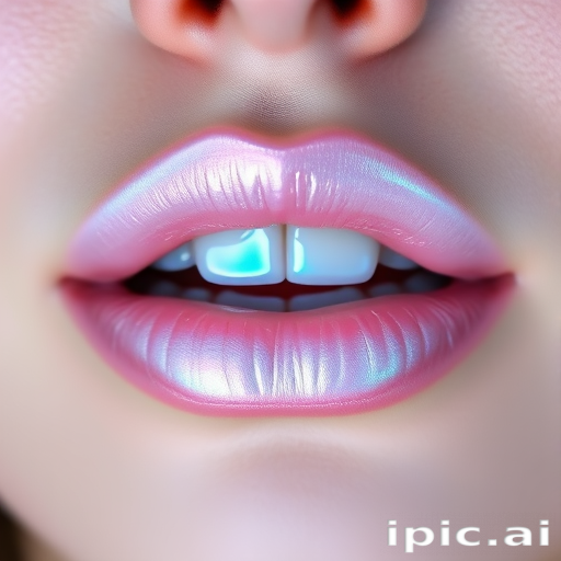 Ethereal iridescent lips shimmer with pearlescent hues, transforming from pale pink to soft blue depending on the angle of view