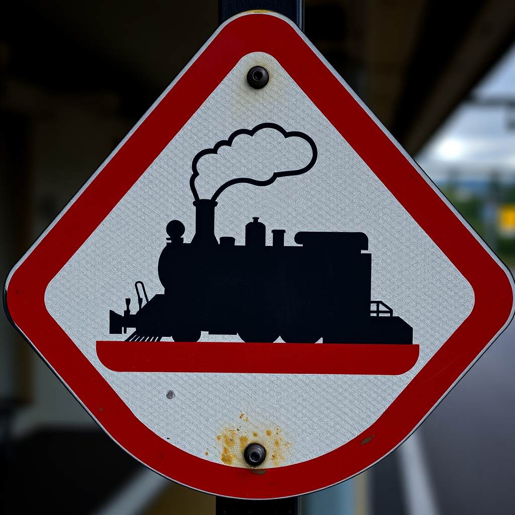 Generate an image of a train warning sign featuring a silhouette of a steam locomotive inside a triangular red border, taken with a DSLR camera at f/8 aperture, ISO 100, 50mm lens, with a high dynamic range and sharp focus.