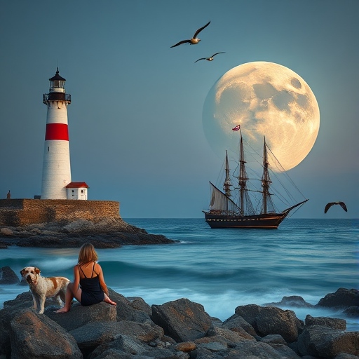 A serene coastal scene featuring a lighthouse and a large moon in the background, with a vintage sailing ship on the ocean, a girl sitting on rocks with a dog beside her, birds flying in the sky, captured with a DSLR camera at f/8, ISO 100, 24mm lens, long exposure for smooth water effect, sunset lighting for warm colors.