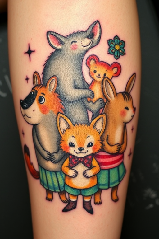 Illustrative tattoo titled "Storybook Menagerie" featuring whimsical animal characters with human-like expressions and clothing, inspired by vintage children's book illustrations, admired for its charming details and nostalgic appeal