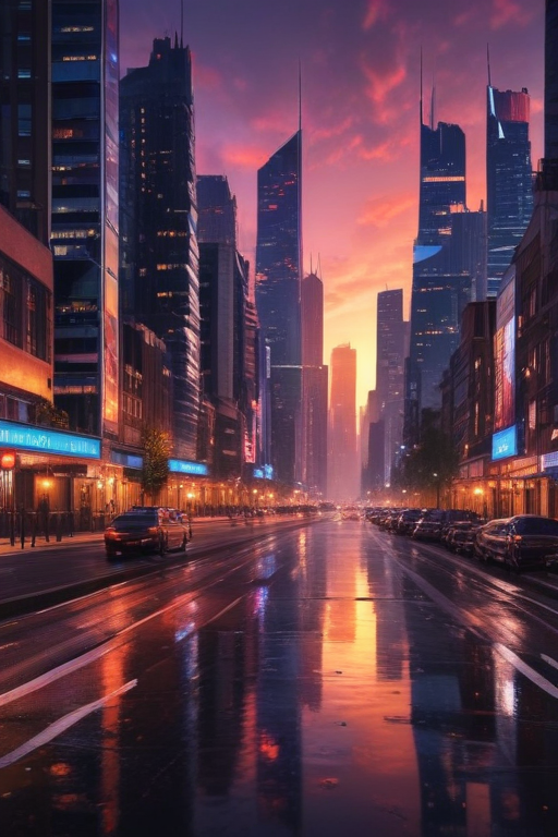 Stunning Cityscape at Dusk with Vibrant Colors and Reflective Streets