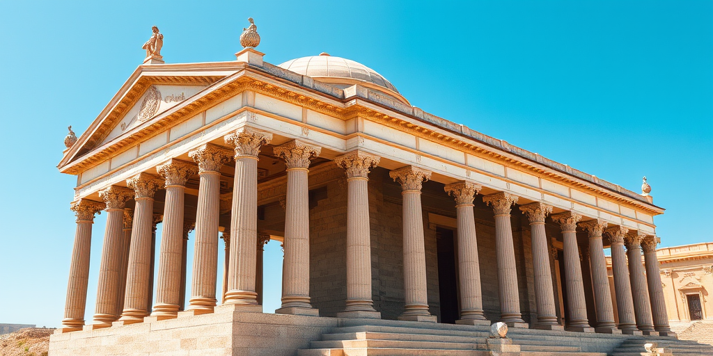 create a highly detailed 3D rendering of a classic temple with intricate columns and a domed roof, use a DSLR camera with a 50mm lens, aperture f/8, ISO 100, 1/200 sec shutter speed, shot from a low angle to emphasize the grandeur of the structure in a bright daylight setting with a clear blue sky