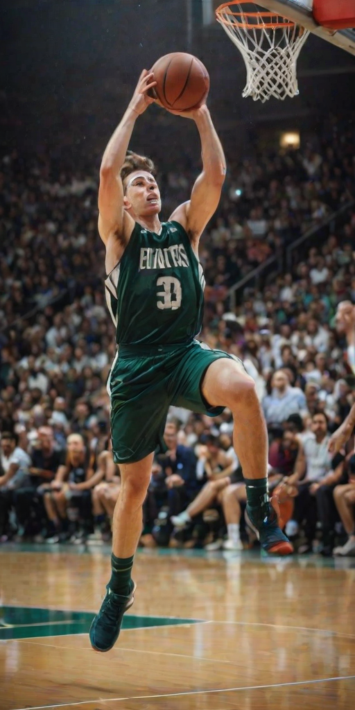 Blurry, action-packed image of a basketball player leaping toward the hoop, ball in hand, sweat glistening on their face, intense concentration in their eyes, crowd in the background on their feet, soft focus on the player's shoes kicking up dust from the court.