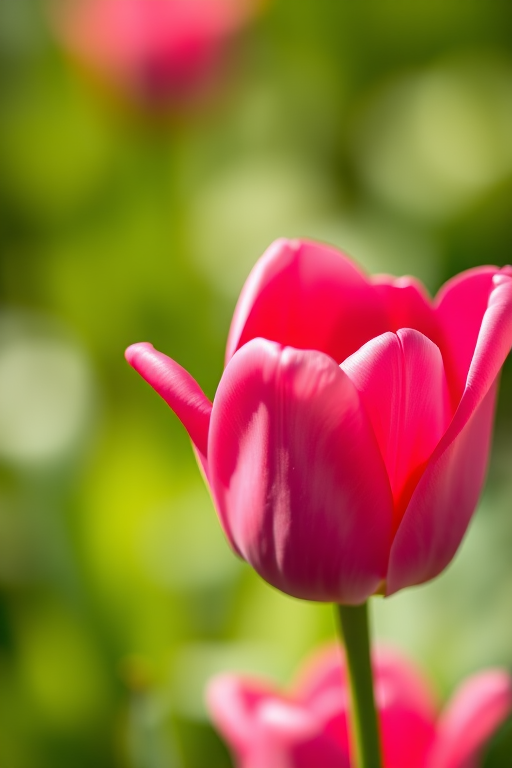 Close-up shot of a vibrant pink tulip with blurred green background, using a DSLR camera settings: f/2.8 aperture, 50mm lens, ISO 100, 1/500s shutter speed, natural lighting, macro photography style.