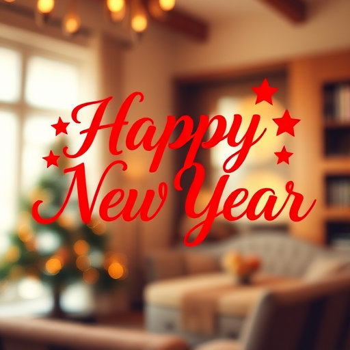 Create a vibrant and artistic representation of the phrase Happy New Year in elegant, flowing red script with decorative stars, captured in a soft focus style using a DSLR camera with a wide aperture of f/1.8, shallow depth of field, in a warm indoor lighting setting, viewed at a 45-degree angle.