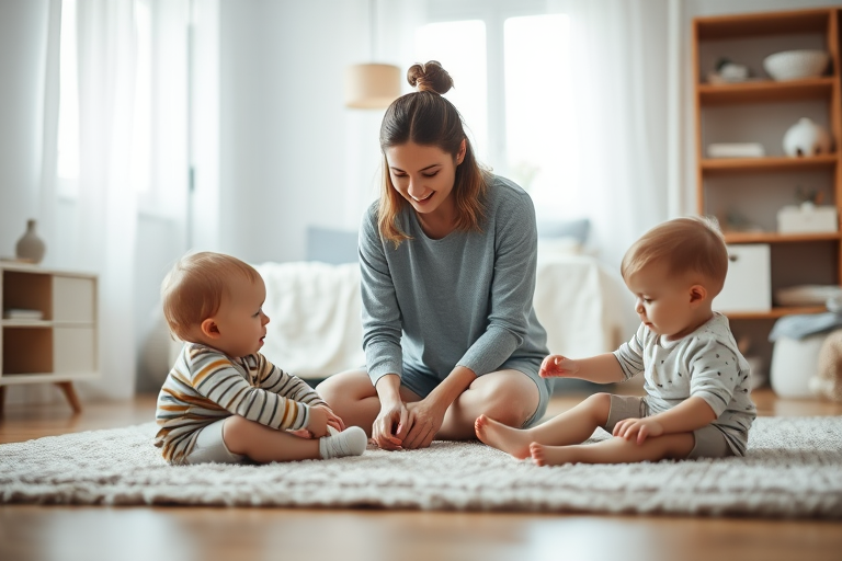 soft focus shot of a mother playing with her two children on a rug in a well-lit bedroom, natural light, aperture f/2.8, shutter speed 1/125, ISO 200, 35mm lens, minimalistic style