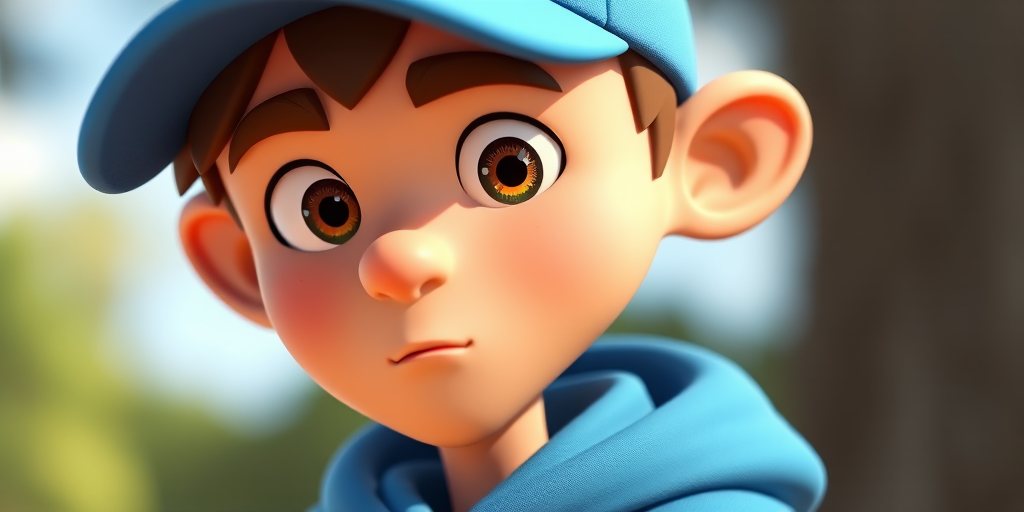 Create a highly detailed 3D rendering of a stylized character wearing a blue cap, with a slightly surprised expression, using a DSLR camera with a 50mm lens at f/1.8, ISO 100, and a shallow depth of field for a soft background blur, in an outdoor natural light setting.