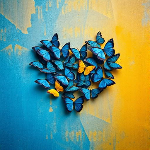 A heart shape filled with blue and yellow butterflies against a textured blue and yellow background, shot with a Canon EOS R5, 50mm lens, f/1.8, ISO 200, in natural light, shallow depth of field for enhanced detail.