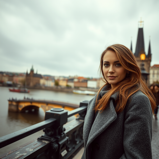 cinematic photo from above, waist up shot, sharp focus, a beautiful woman in foreground, in Prague, at the Charles Bridge, river in background, overcast rainy day, wearing long grey wool coat, warm rich color palette