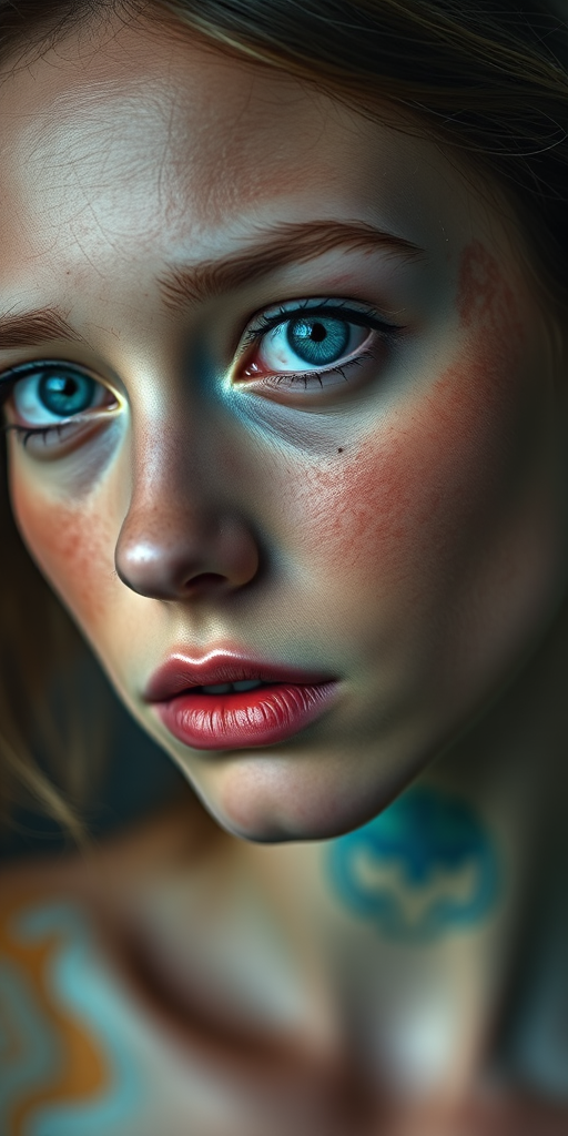 A hyper-realistic portrait of a young woman with striking blue eyes and textured skin that resembles a colorful, abstract sculpture, captured with a Canon EOS R5, 50mm lens, f/1.2, ISO 100, 1/125s, soft diffused lighting, shallow depth of field.