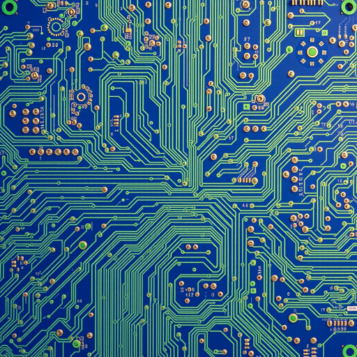 Create an intricate blue and green circuit diagram with detailed components and connections, using a Canon EOS R5 with a 35mm f/1.4 lens, ISO 100, aperture f/8, shutter speed 1/125s, shot from a top-down view, and using high dynamic range imaging for enhanced quality.