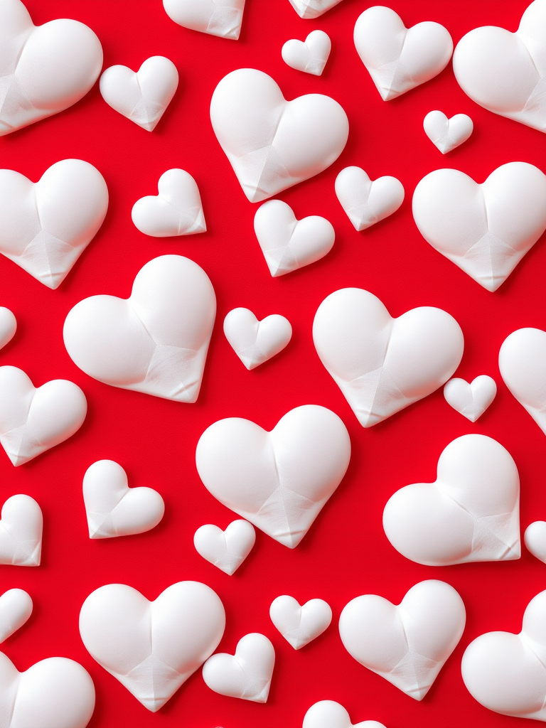 Create a seamless pattern of white hearts on a red background, photographed with a DSLR camera, 50mm lens, f/2.8 aperture, ISO 100, and using natural lighting for enhanced detail and vibrant color.