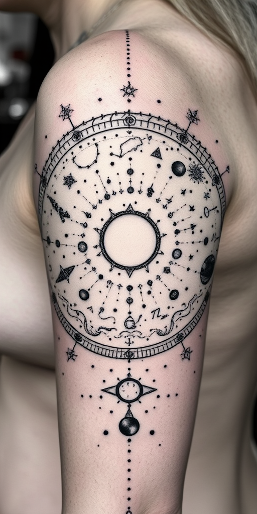 Mesmerizing dotwork tattoo depicting an intricate celestial map with constellations and planets, tiny precise dots forming subtle gradients and textures, monochromatic black ink for a timeless and elegant appearance