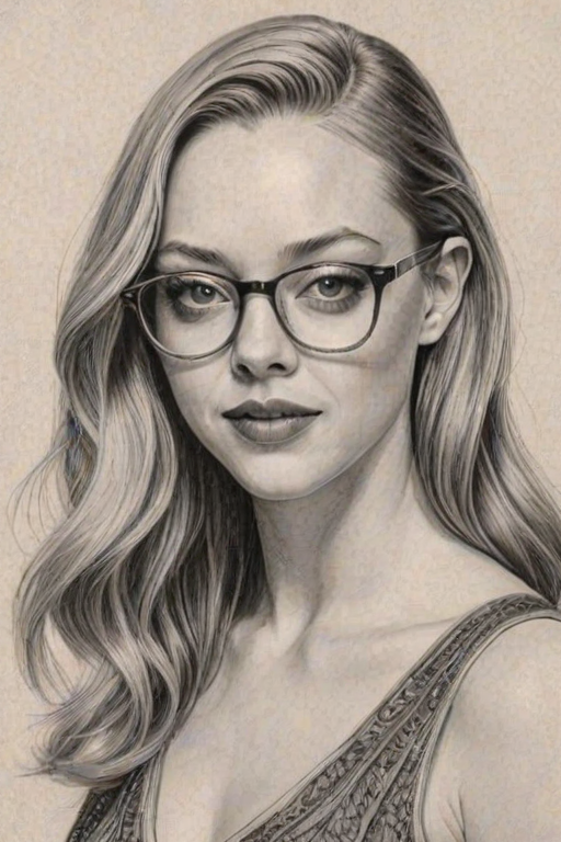 Attractive Amanda Seyfried, pencil sketch, portrait of Exquisite woman 1928s in glasses, hair style beatnik, outline, clear lines, fine lines, 8k
