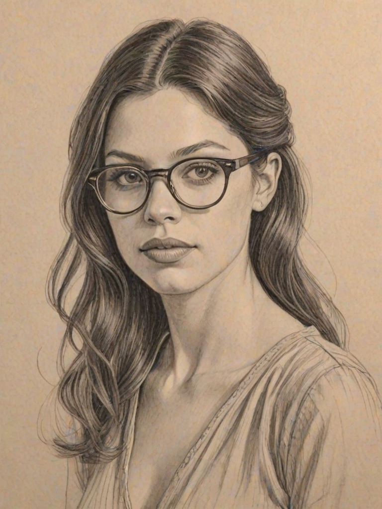 Lovely Vanessa Ferlito, pencil sketch, portrait of Splendid woman 1924s in glasses, hair style beatnik, outline, clear lines, fine lines, 8k
