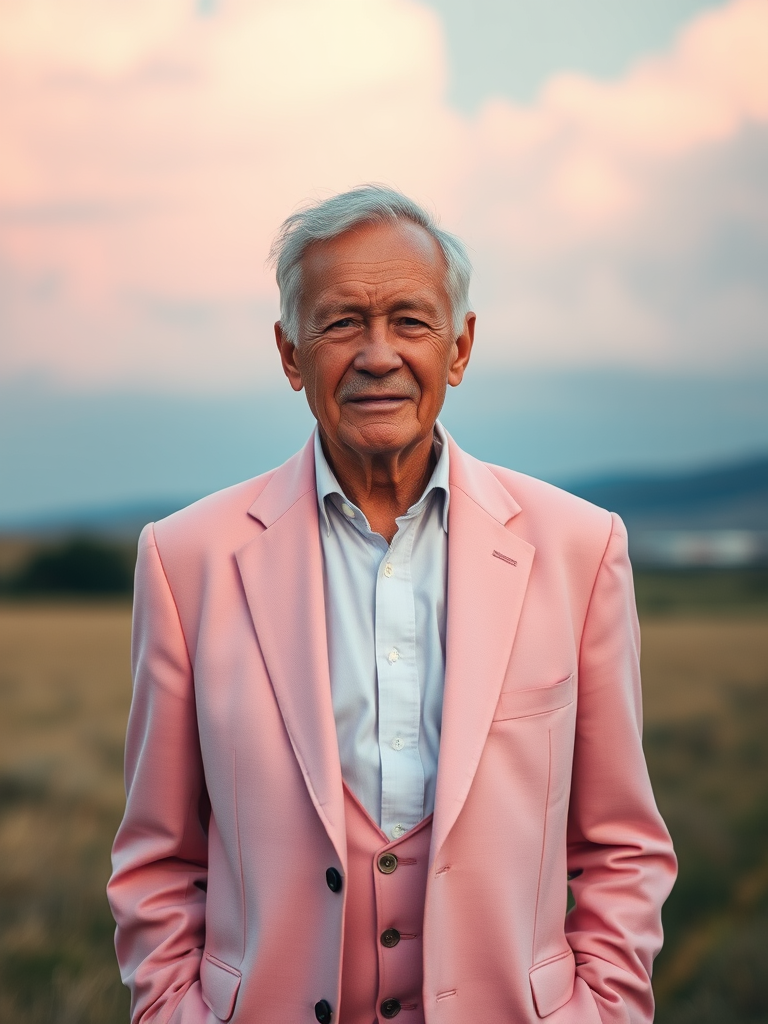 Portrait of an elderly man in a pink suit standing in a scenic field with pastel pink clouds in the background, captured using a DSLR camera with a 50mm lens, aperture f/1.8, ISO 100, natural lighting, shallow depth of field for enhanced background blur.